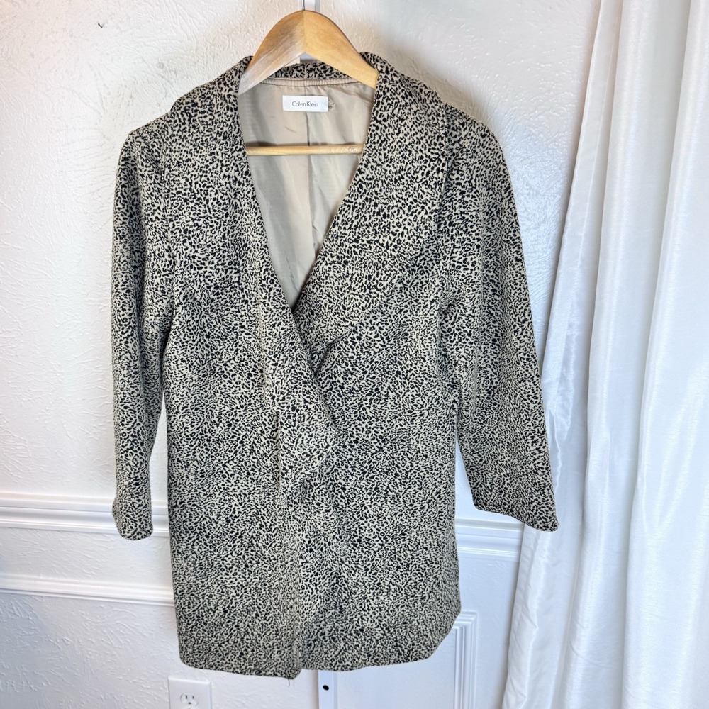 Calvin Klein Women's Open Cardigan Duster Leopard Print Black Beige Ruffle Sz 10